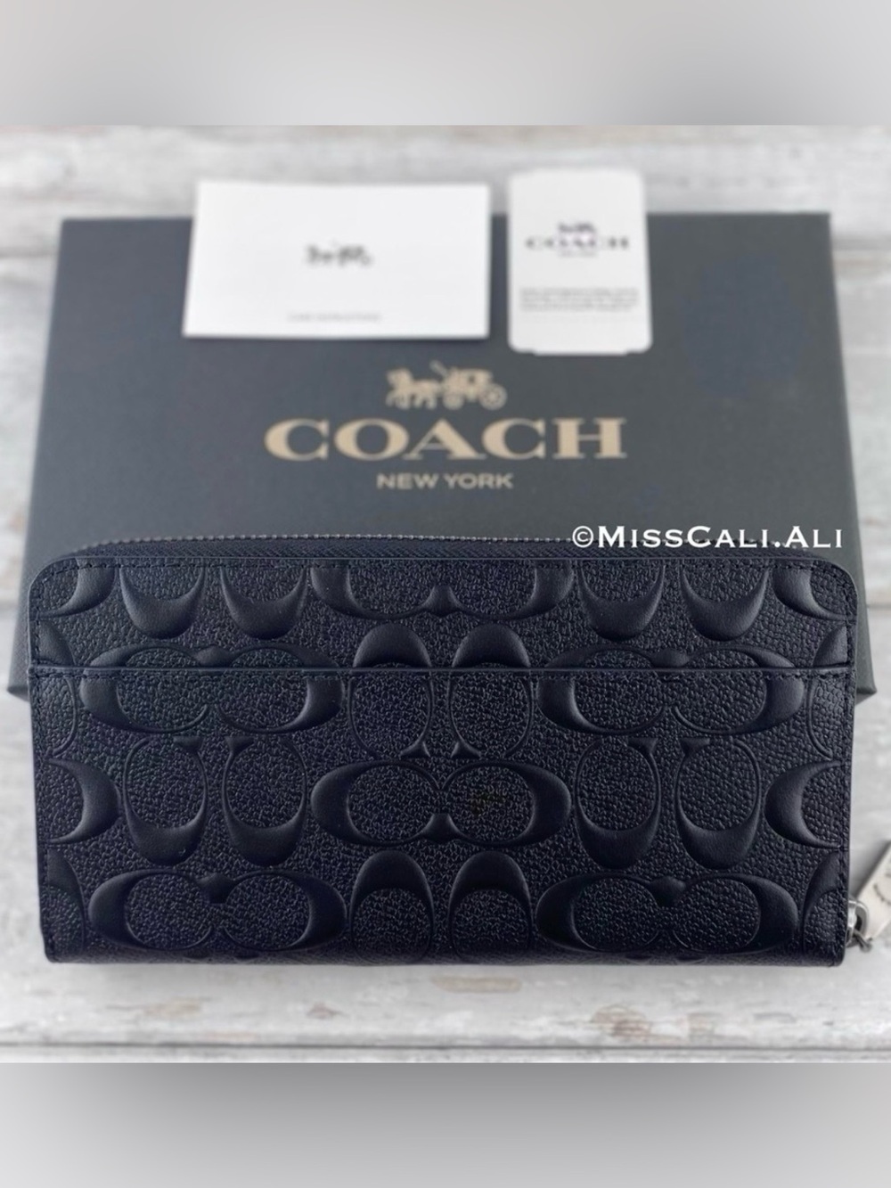 NWT COACH Mens Black Accordion Wallet Embossed Leather